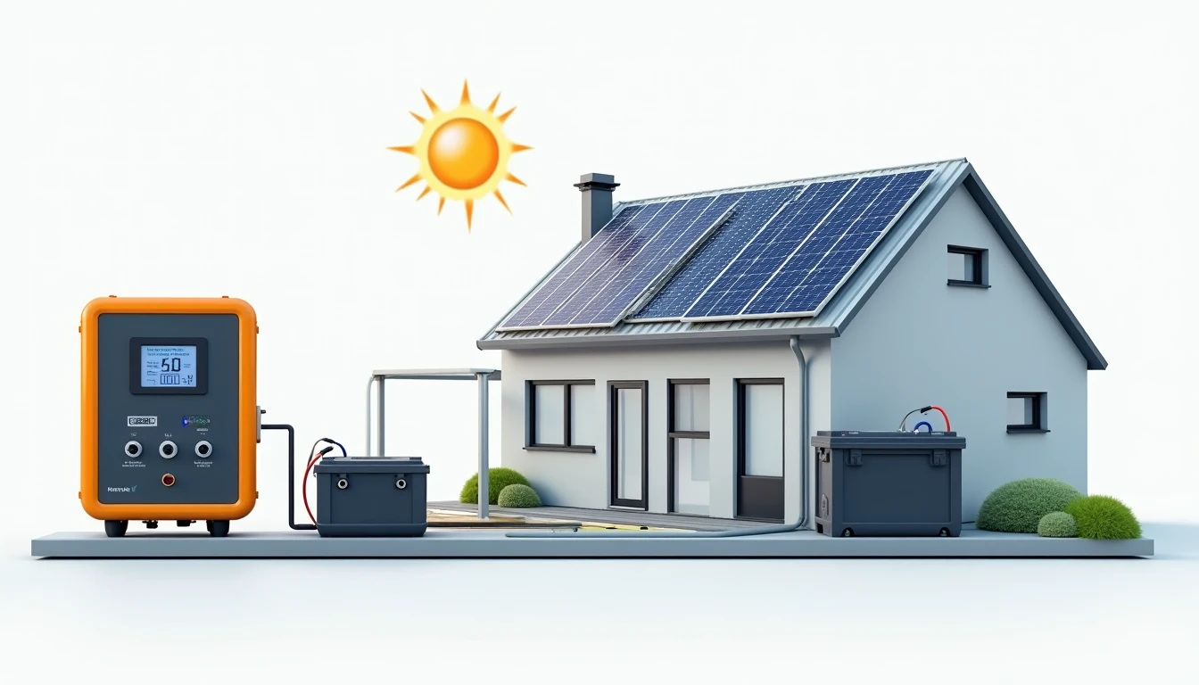 Diagramm der Komponenten einer Solaranlage: Module, Wechselrichter, Verkabelung, Zähler und Batteriespeicher