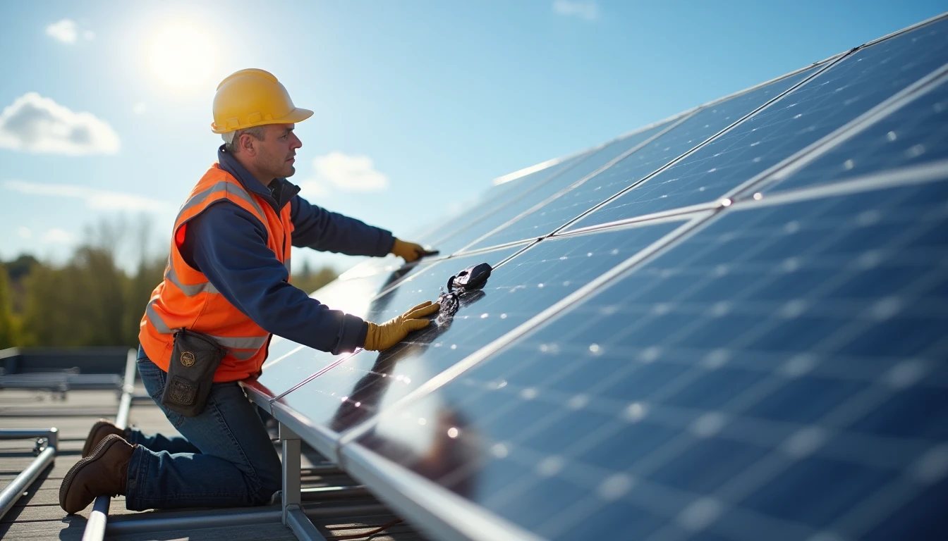 Montage der Solarmodule auf den Schienen, Handwerker tragen Module
