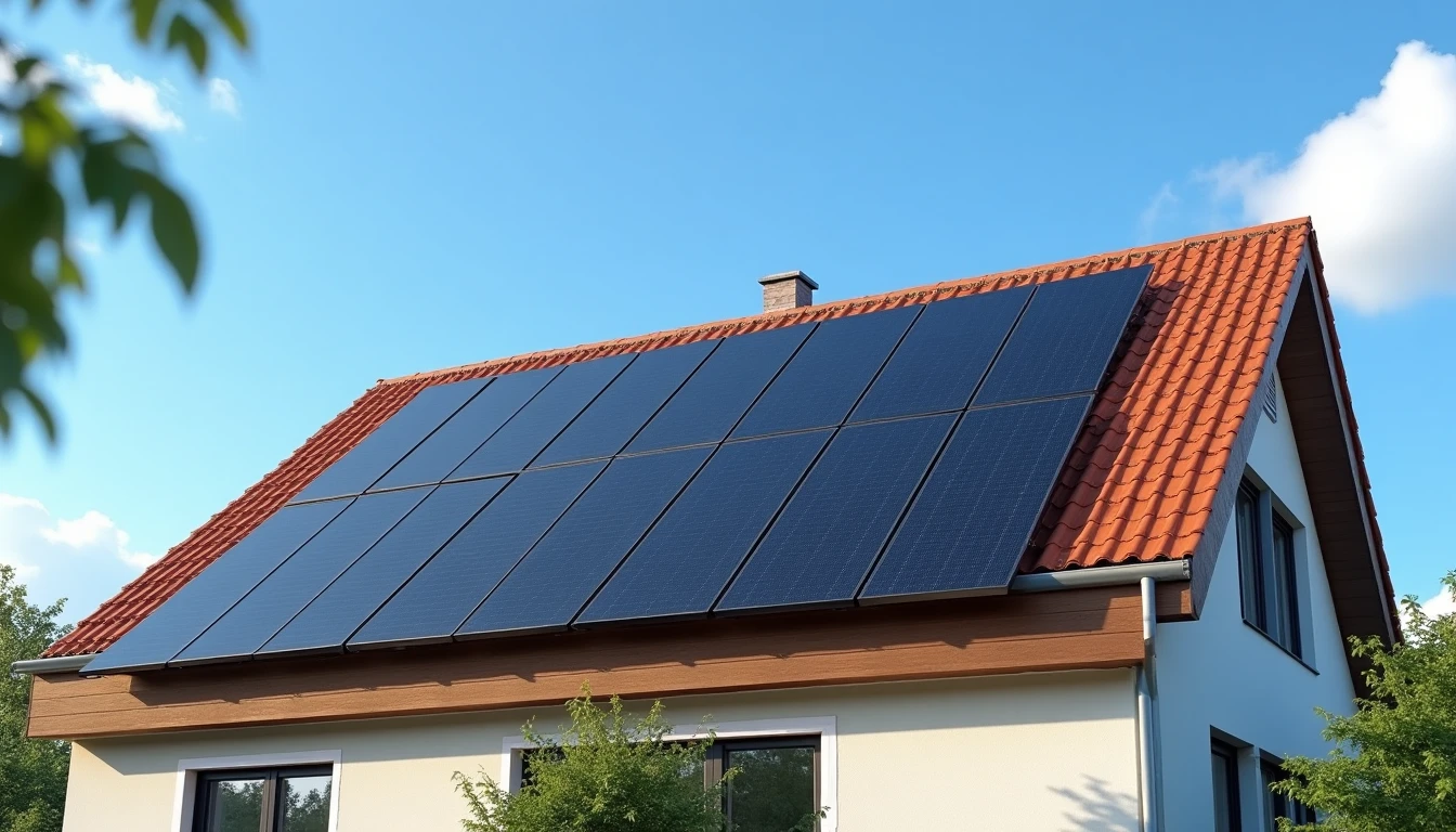 Netzgekoppelte Solaranlage auf einem Einfamilienhaus in Krefeld mit blauem Himmel und modernen schwarzen Modulen