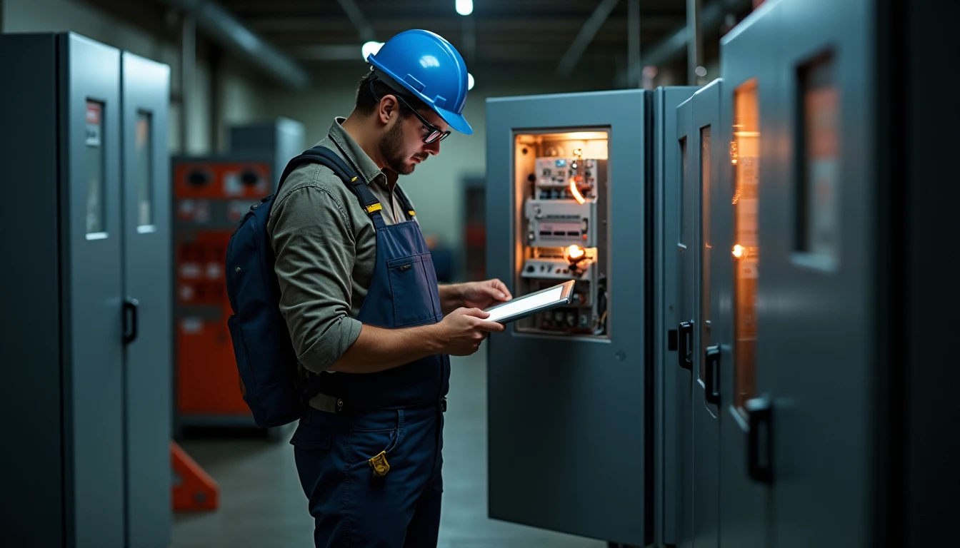 Elektriker schließt den Wechselrichter und Batteriespeicher im Keller an