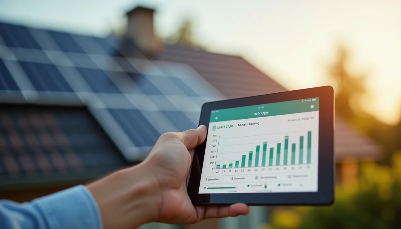 Glückliche Hausbesitzer schauen auf Tablet App mit Solarertragsdaten, Hintergrund Solaranlage