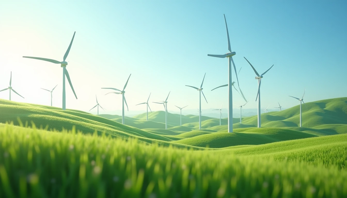 Grüne Landschaft mit Windrädern und Solaranlagen, Symbol für Umweltschutz und CO2-Einsparung