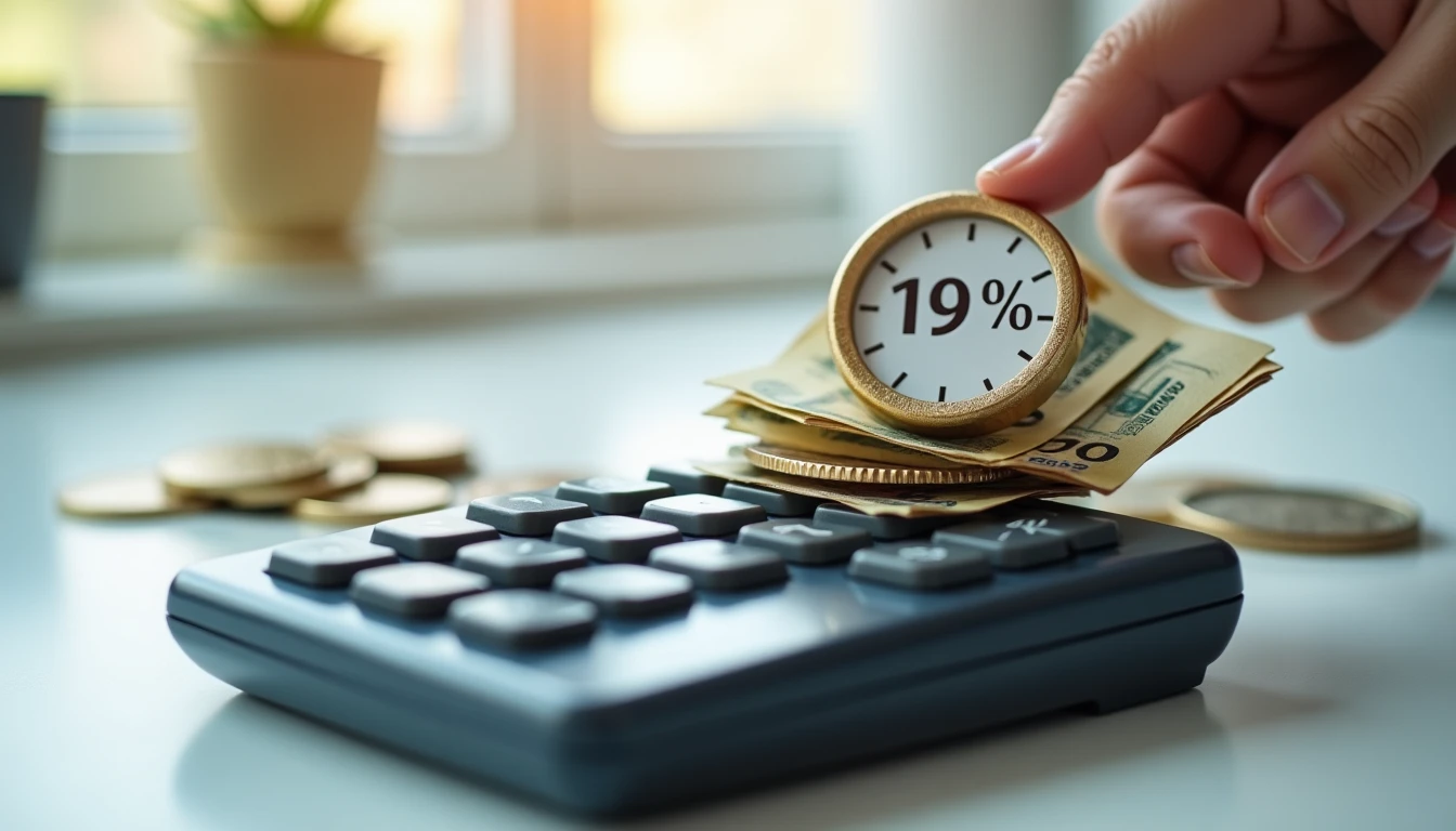 Taschenrechner mit Euro-Scheinen, der 19% Ersparnis anzeigt, Symbol für Steuerbefreiung