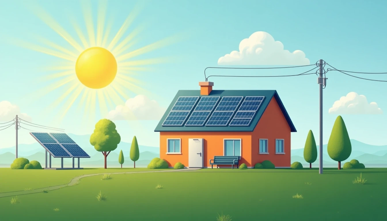 Schematische Darstellung des Prozesses einer Photovoltaikanlage von der Sonne bis zur Steckdose im Haushalt